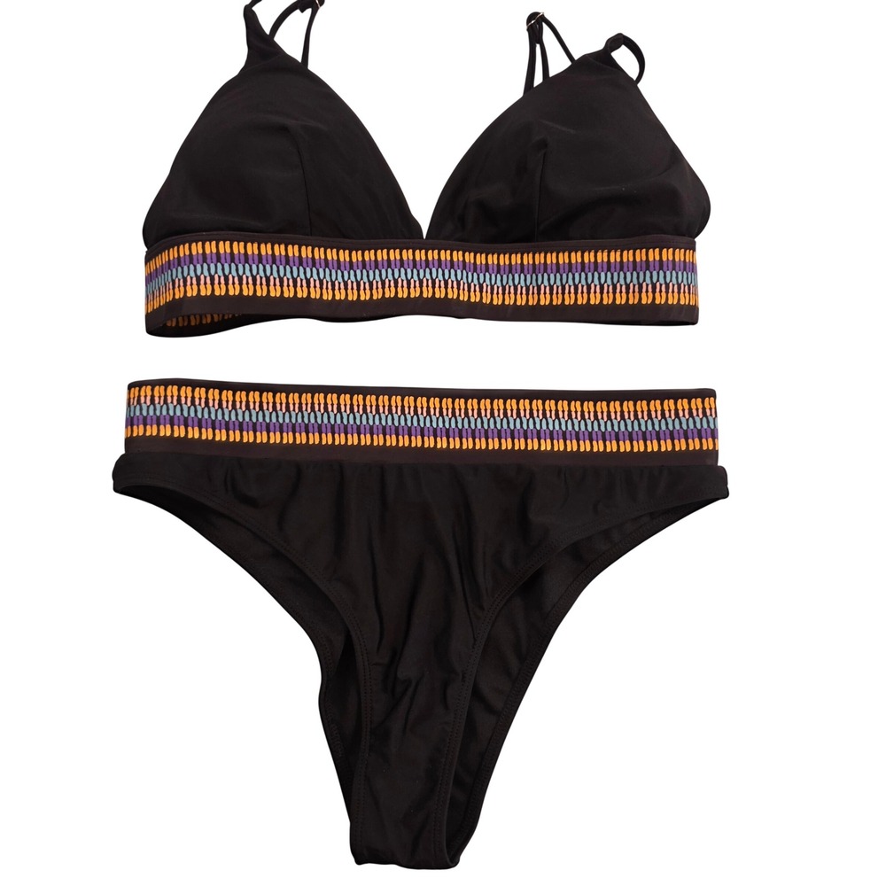 Unbranded Bikini Set Womens Large Black Geometric Embroidered Triangle High Leg
